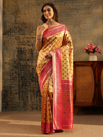 Libas Mustard Woven Silk Blend Saree with Paisley Embellished Border