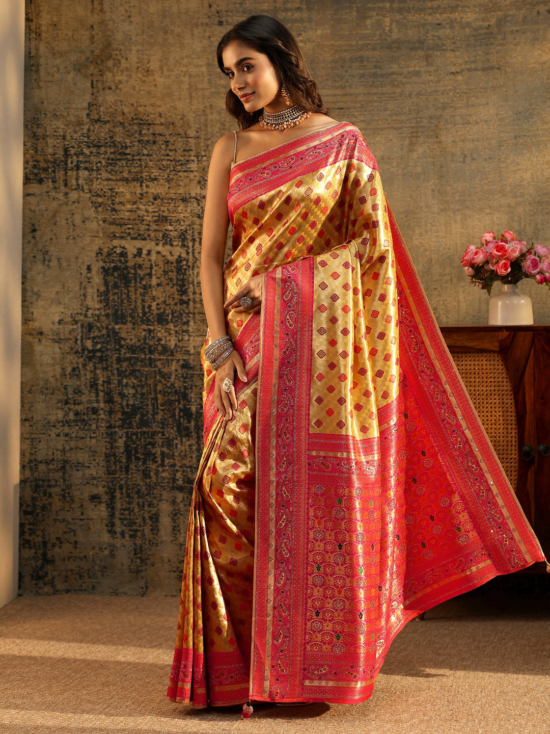  Libas Mustard Woven Silk Blend Saree with Paisley Embellished Border 