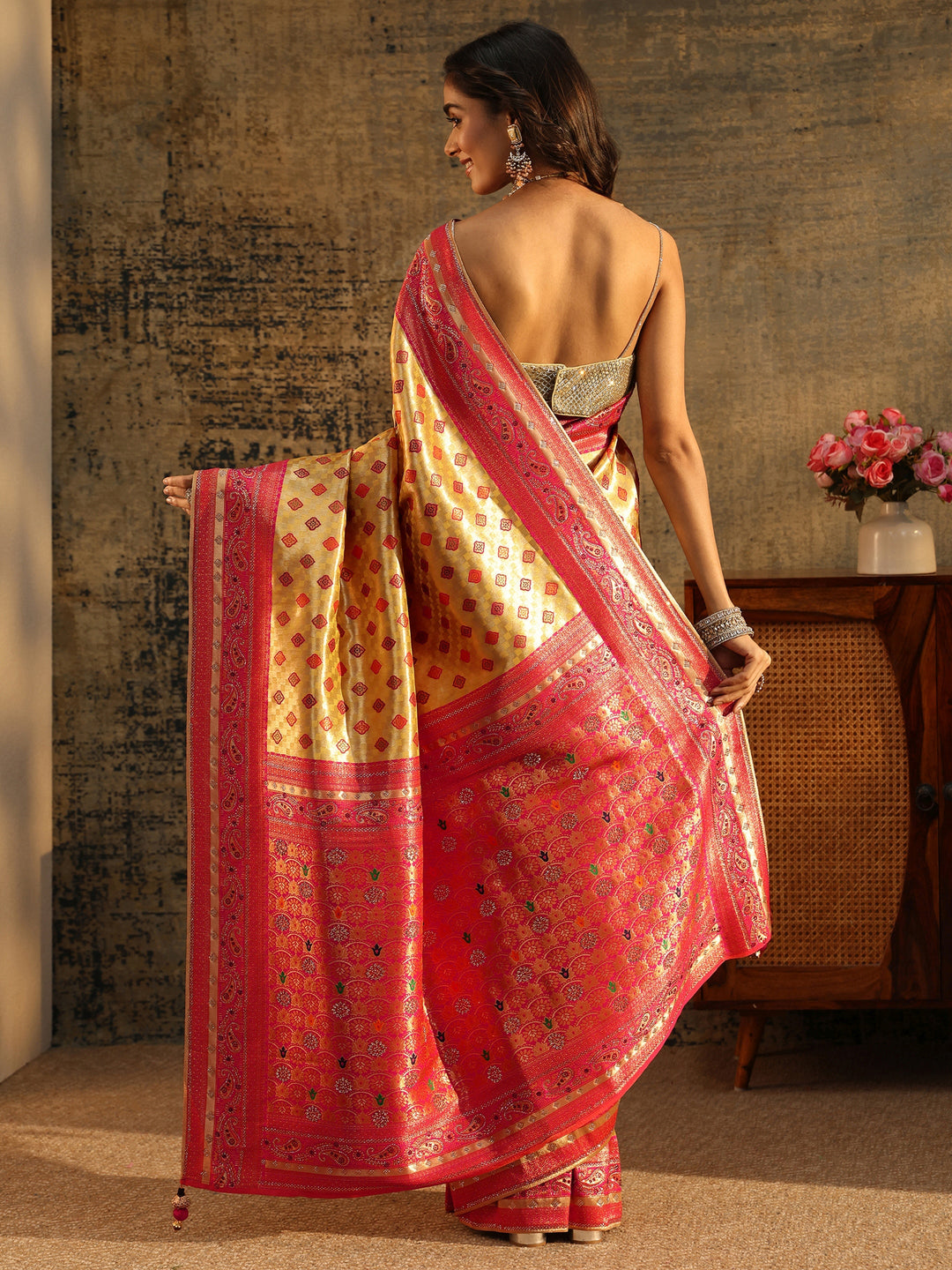  Libas Mustard Woven Silk Blend Saree with Paisley Embellished Border 