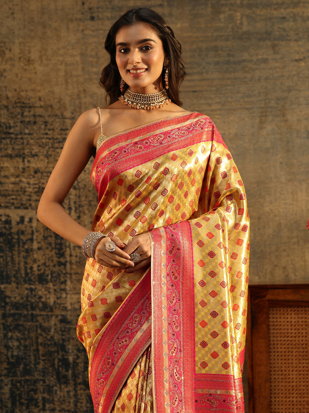  Libas Mustard Woven Silk Blend Saree with Paisley Embellished Border 