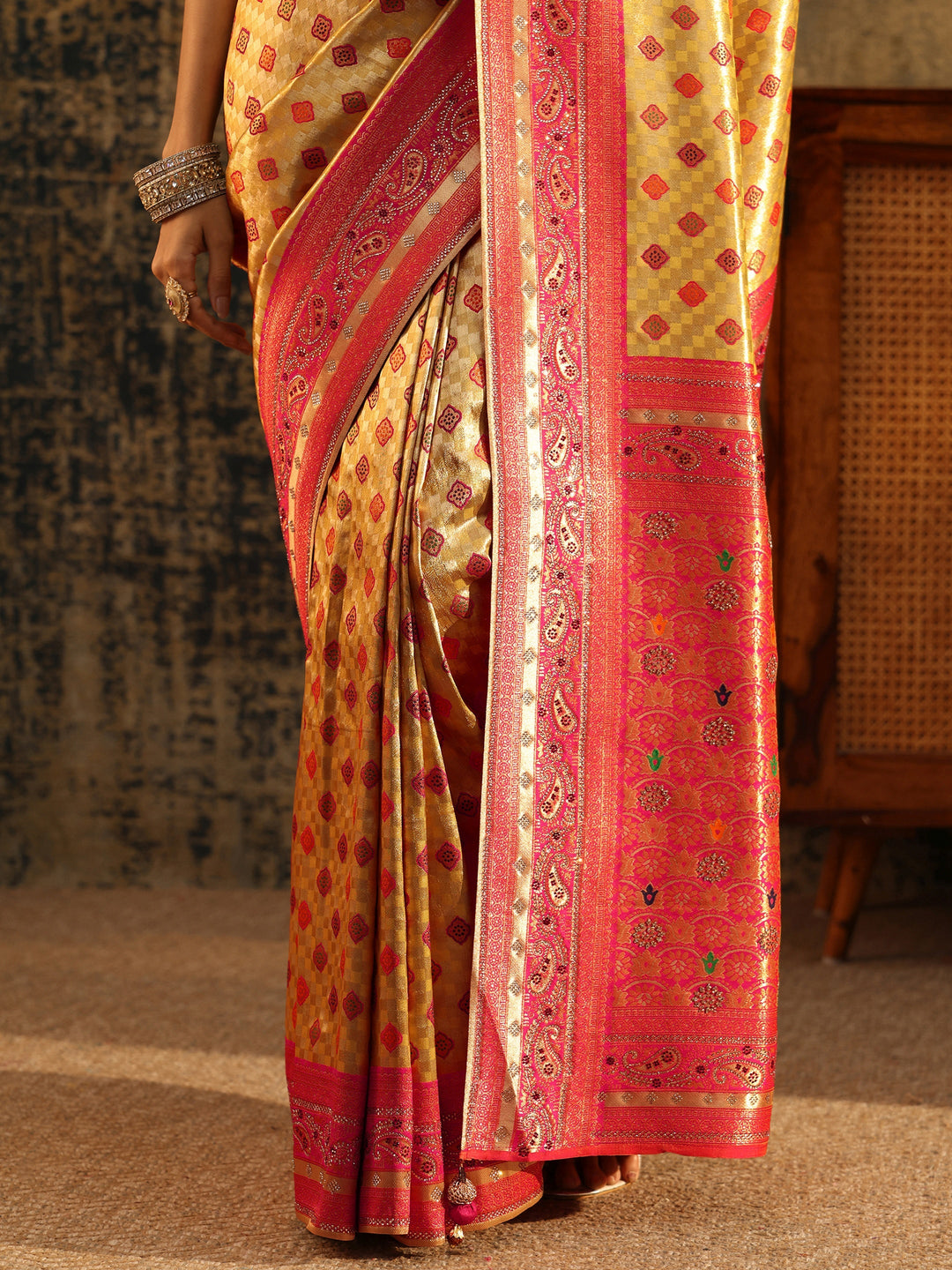  Libas Mustard Woven Silk Blend Saree with Paisley Embellished Border 