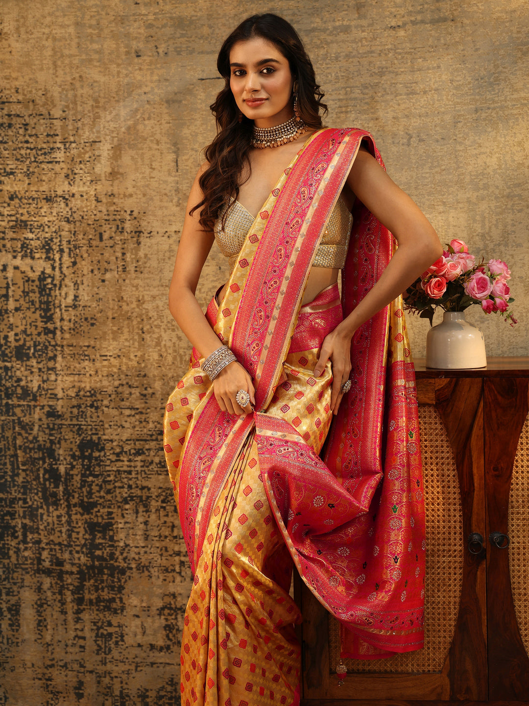  Libas Mustard Woven Silk Blend Saree with Paisley Embellished Border 
