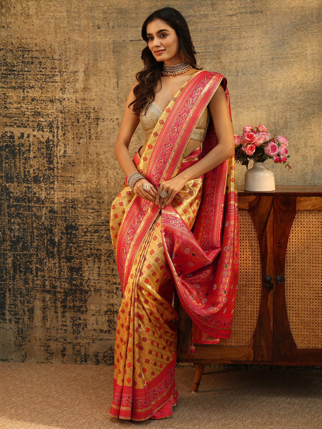  Libas Mustard Woven Silk Blend Saree with Paisley Embellished Border 
