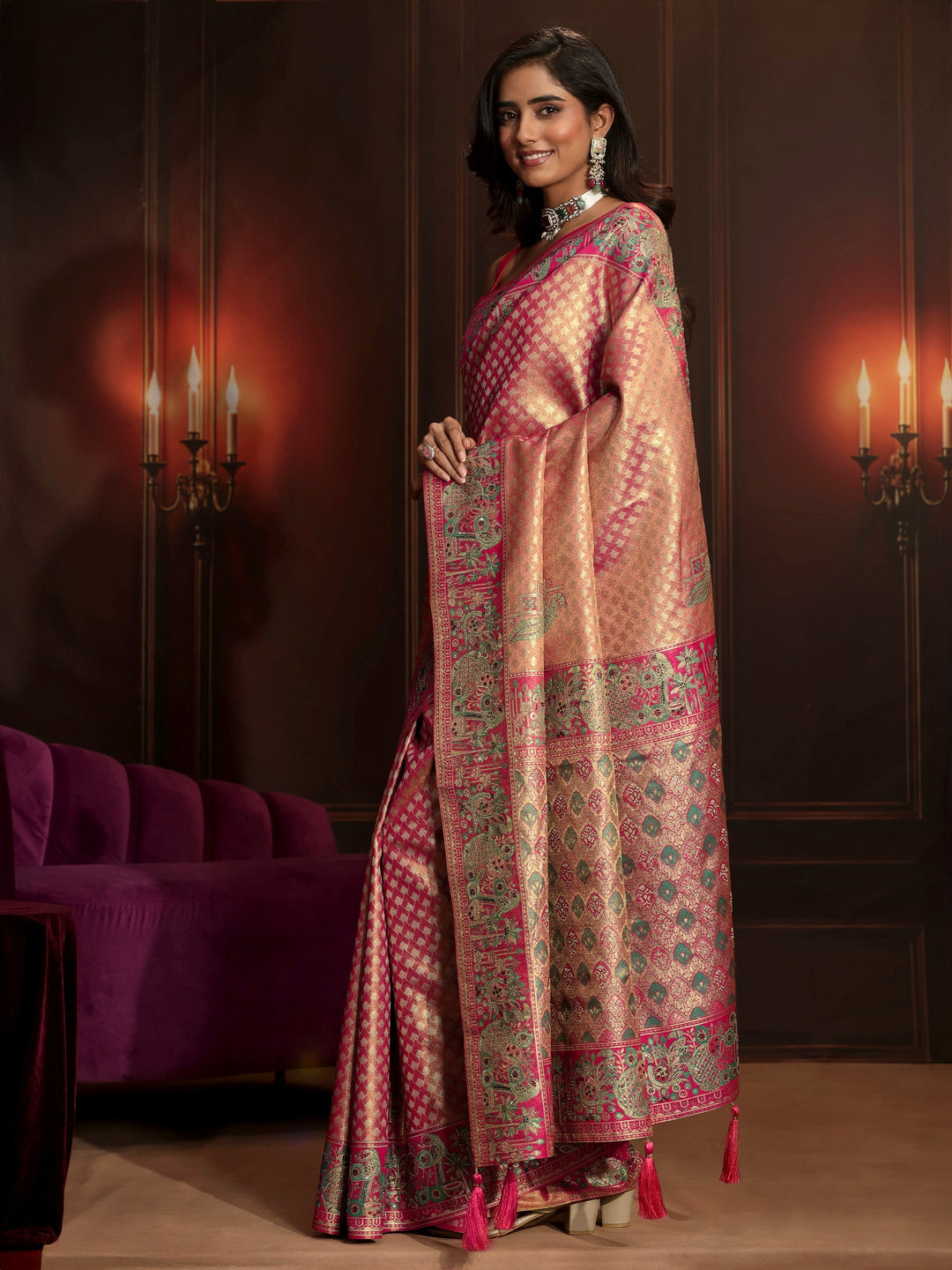  Libas Art Rose Pink Woven Design Silk Blend Saree 