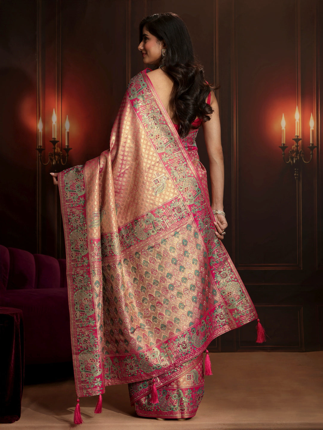  Libas Art Rose Pink Woven Design Silk Blend Saree 