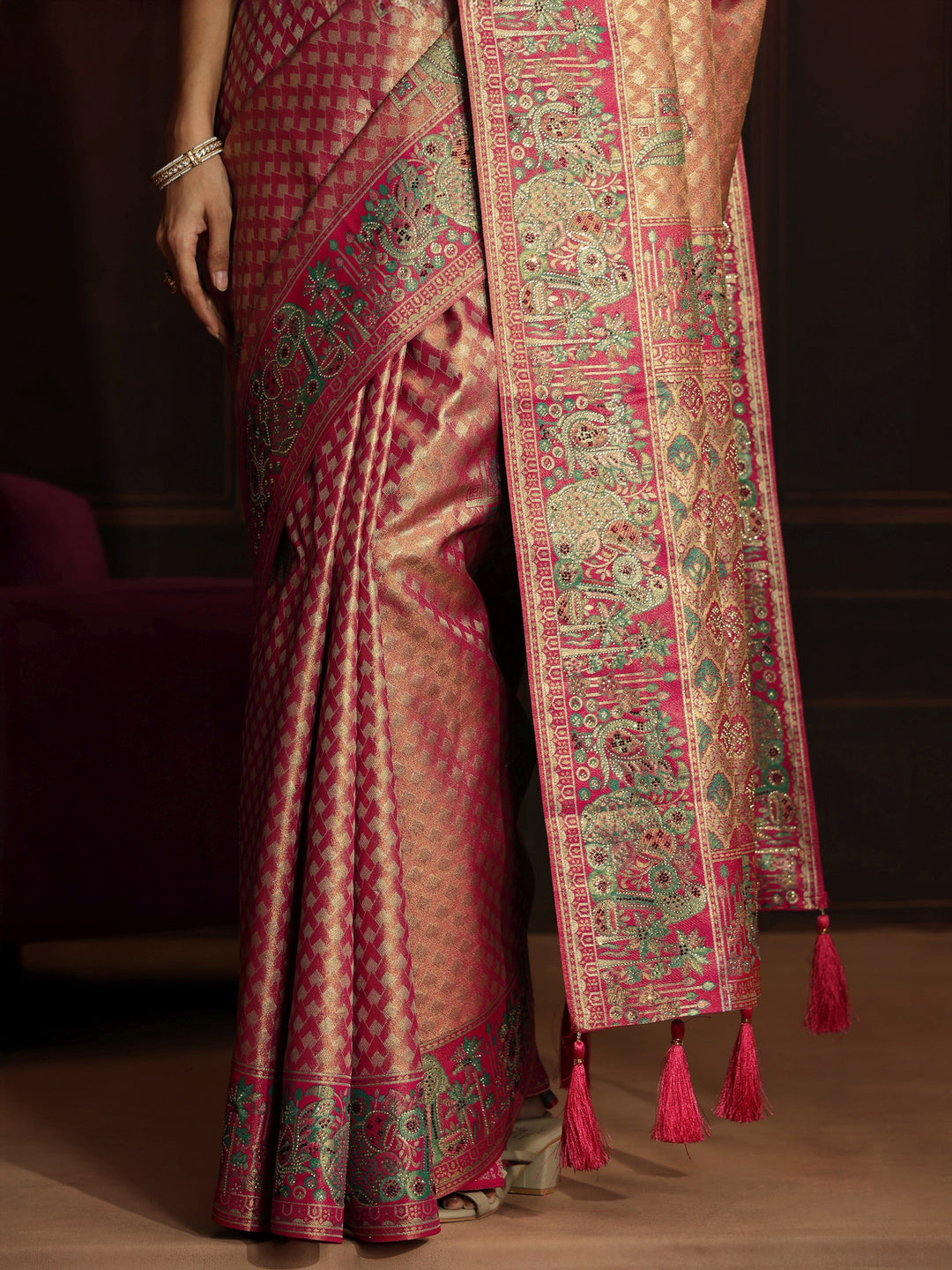 Libas Art Rose Pink Woven Design Silk Blend Saree 