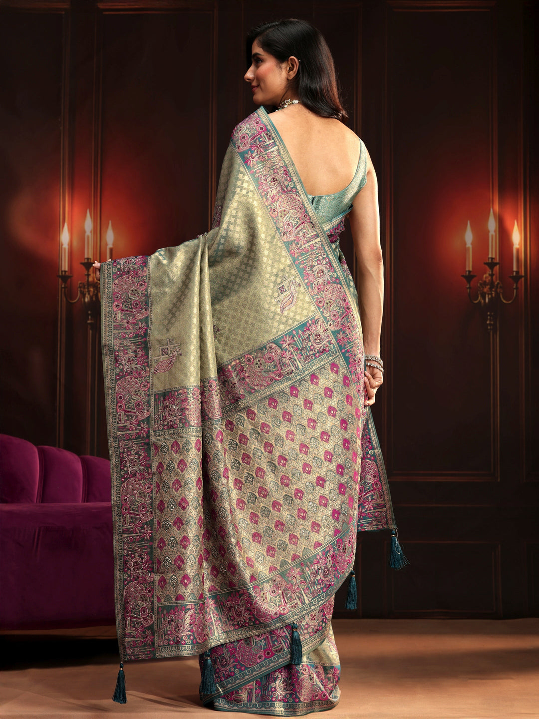  Libas Art Teal Green Woven Design Silk Blend Saree 