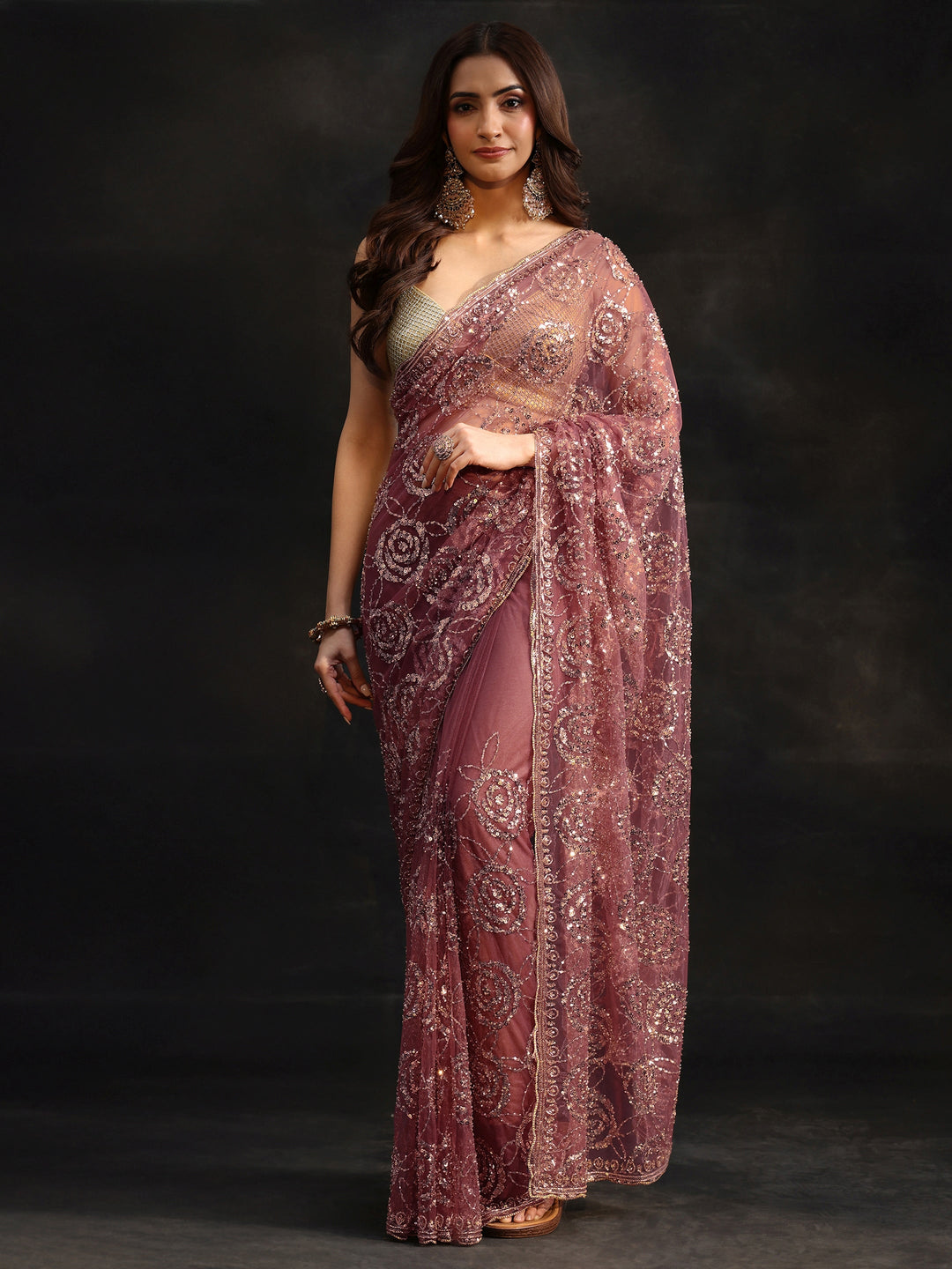  Libas Art Mauve Sequinned Rosette Design Net Saree 