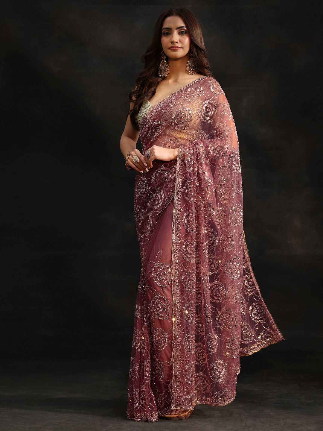  Libas Art Mauve Sequinned Rosette Design Net Saree 
