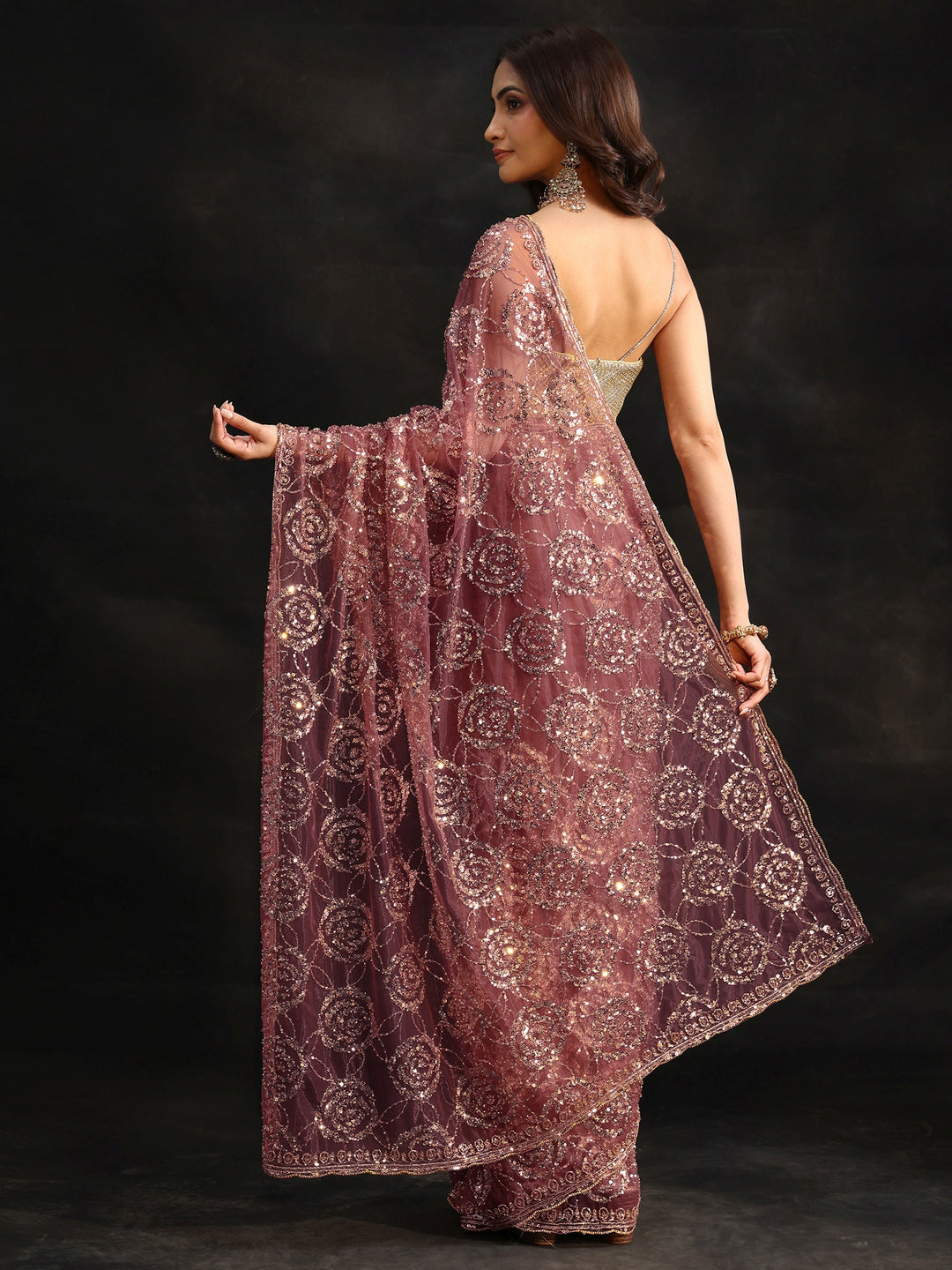  Libas Art Mauve Sequinned Rosette Design Net Saree 