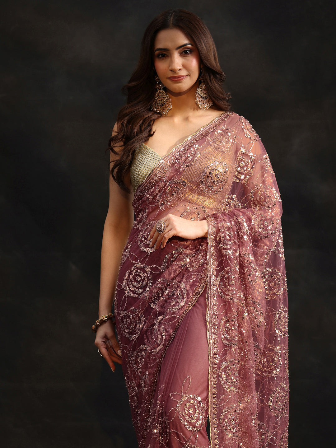  Libas Art Mauve Sequinned Rosette Design Net Saree 