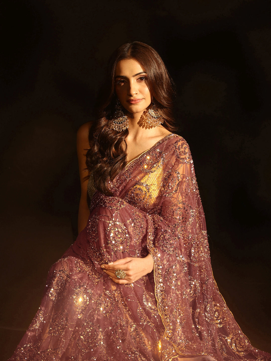  Libas Art Mauve Sequinned Rosette Design Net Saree 