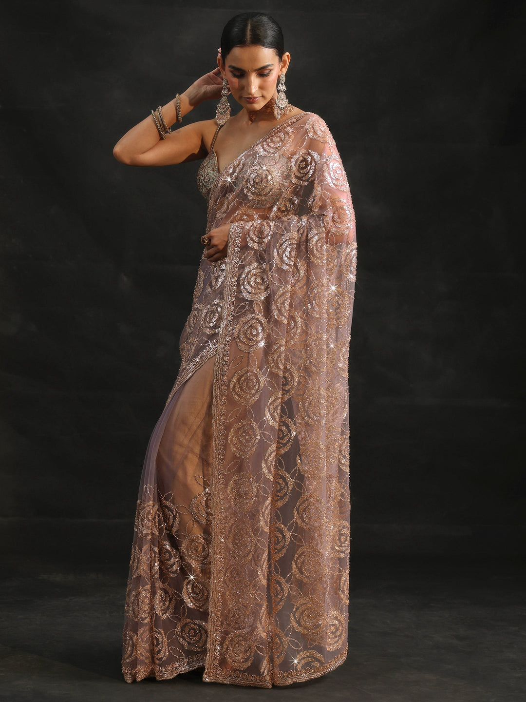  Libas Art Lavender Sequinned Rosette Design Net Saree 