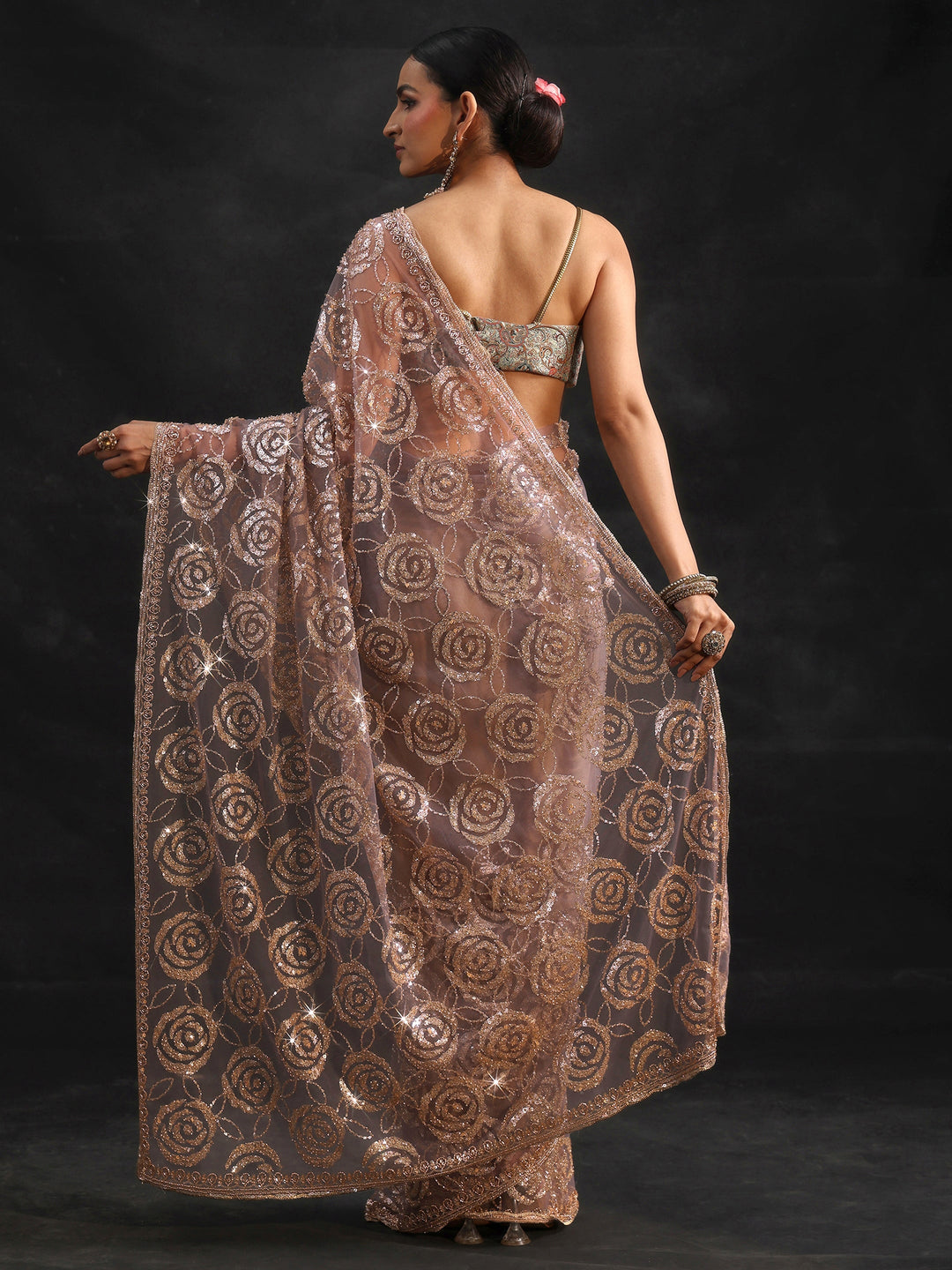  Libas Art Lavender Sequinned Rosette Design Net Saree 