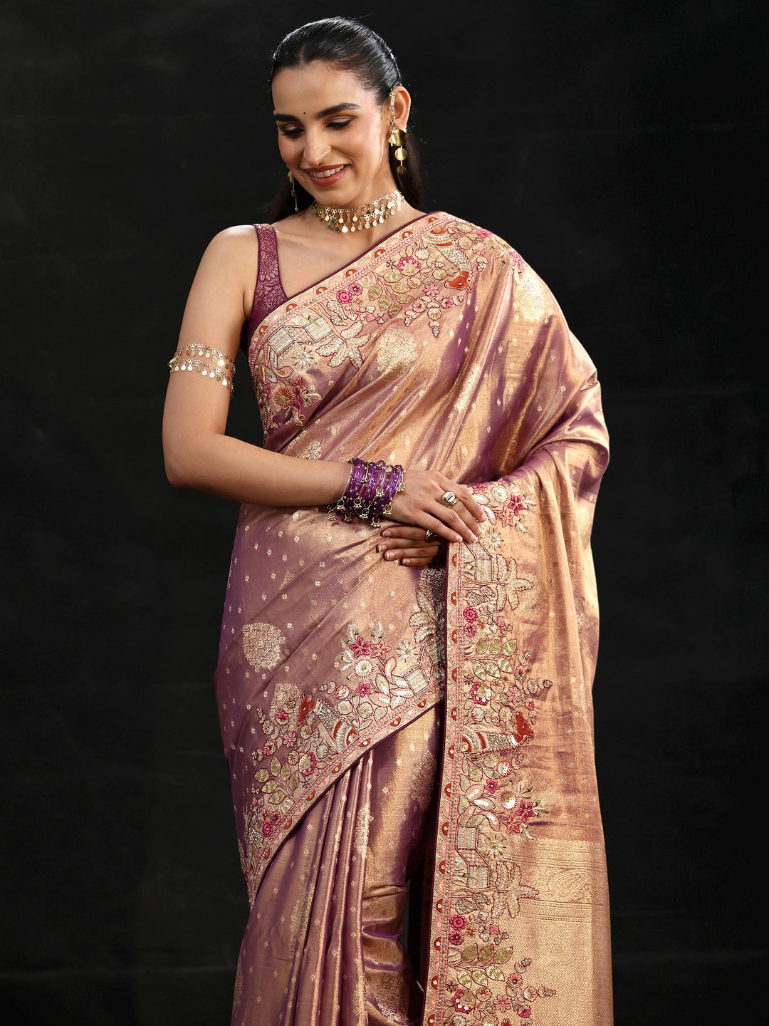  Libas Art Purple Woven Design Silk Blend Saree with Embroidered Border 