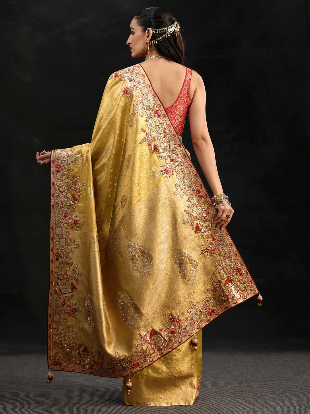  Libas Art Mustard Woven Design Silk Blend Saree with Embroidered Border 