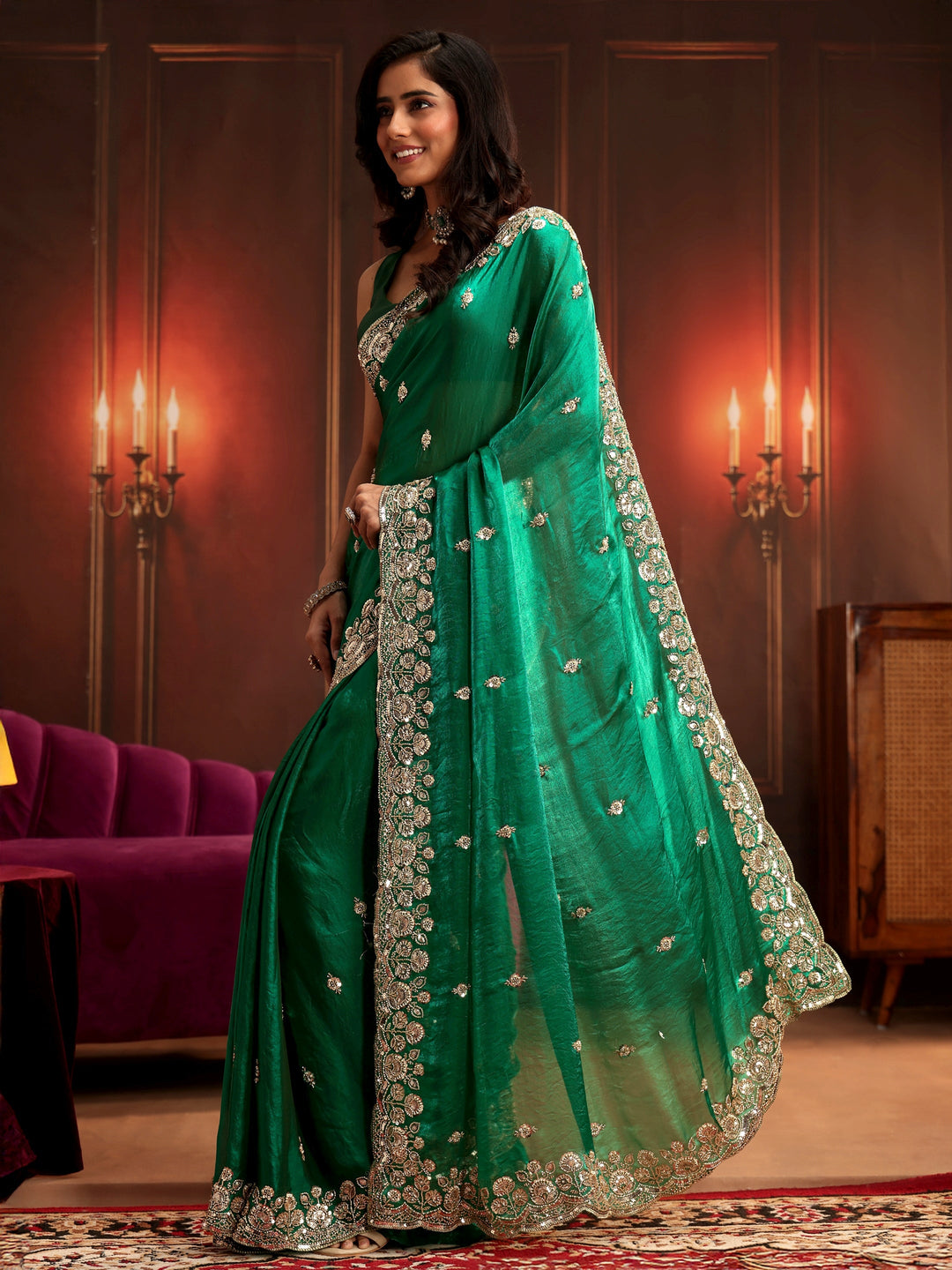  Libas Art Bottle Green Embellished Tissue Saree 