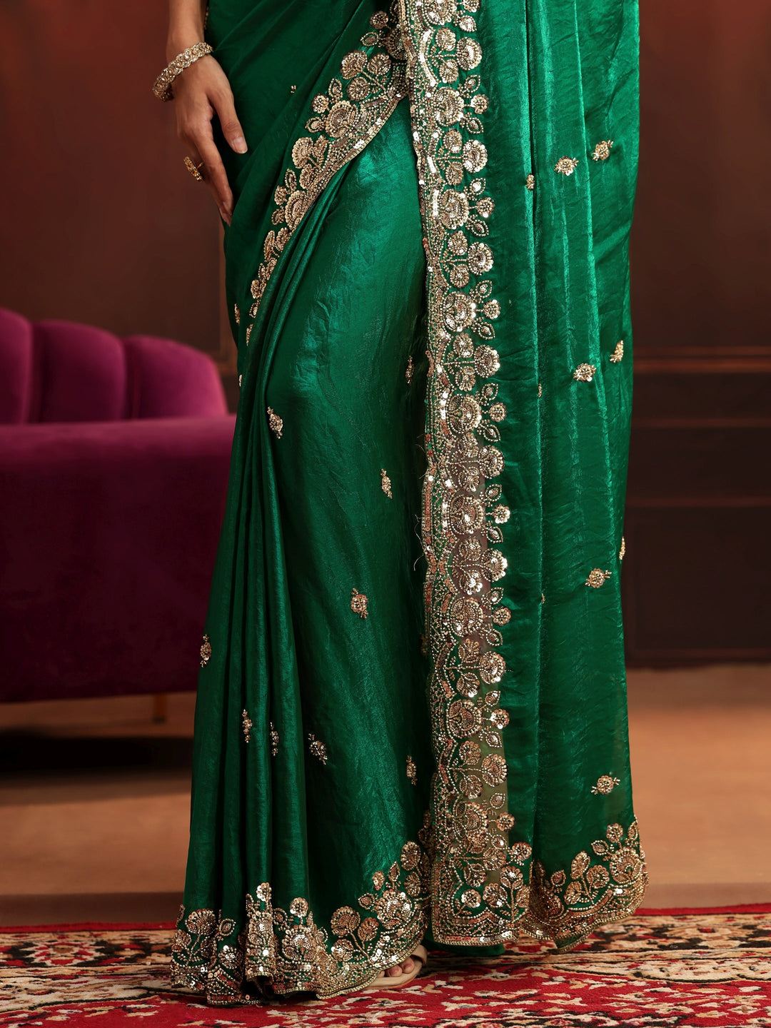  Libas Art Bottle Green Embellished Tissue Saree 