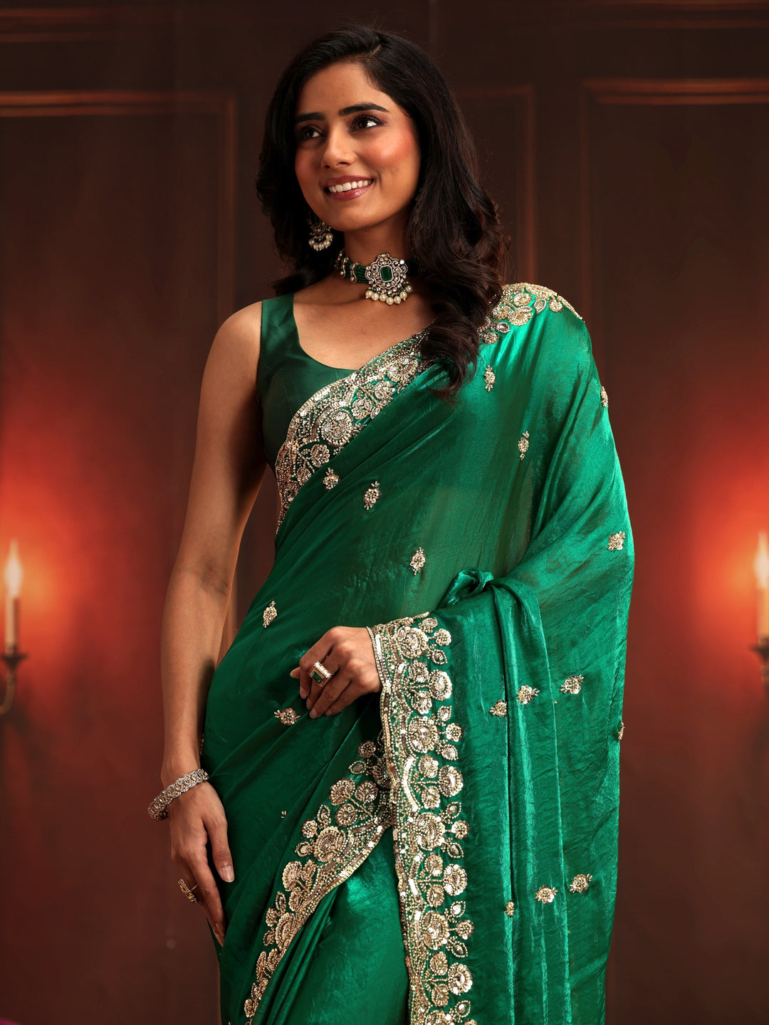  Libas Art Bottle Green Embellished Tissue Saree 