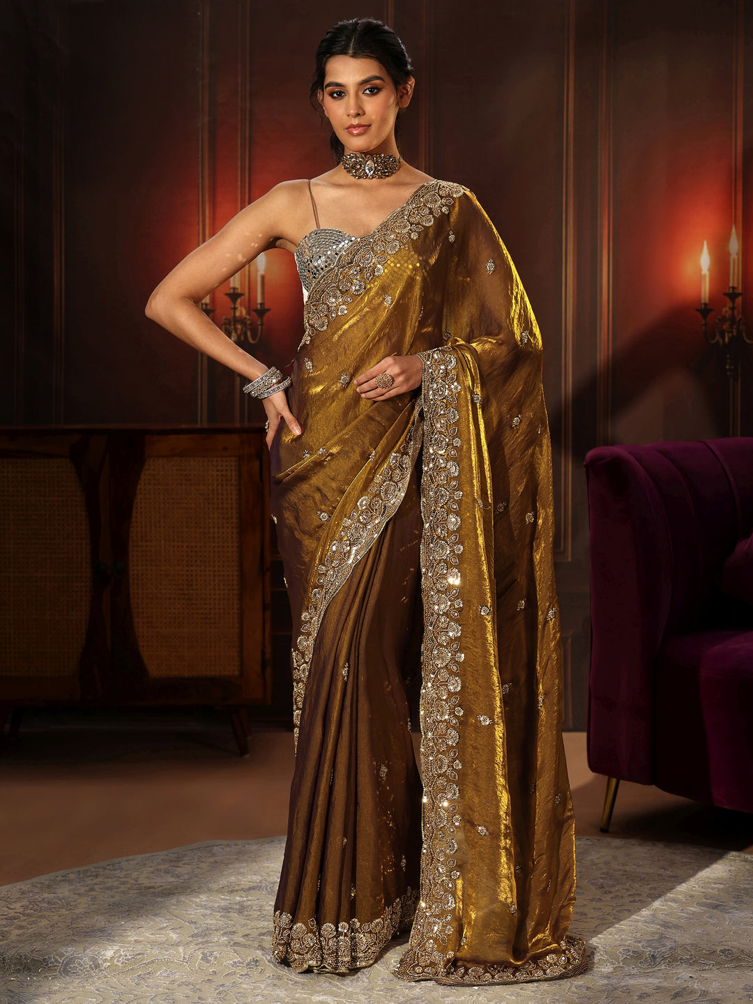  Libas Art Mustard Tissue Saree with Sequin Embellished Border 