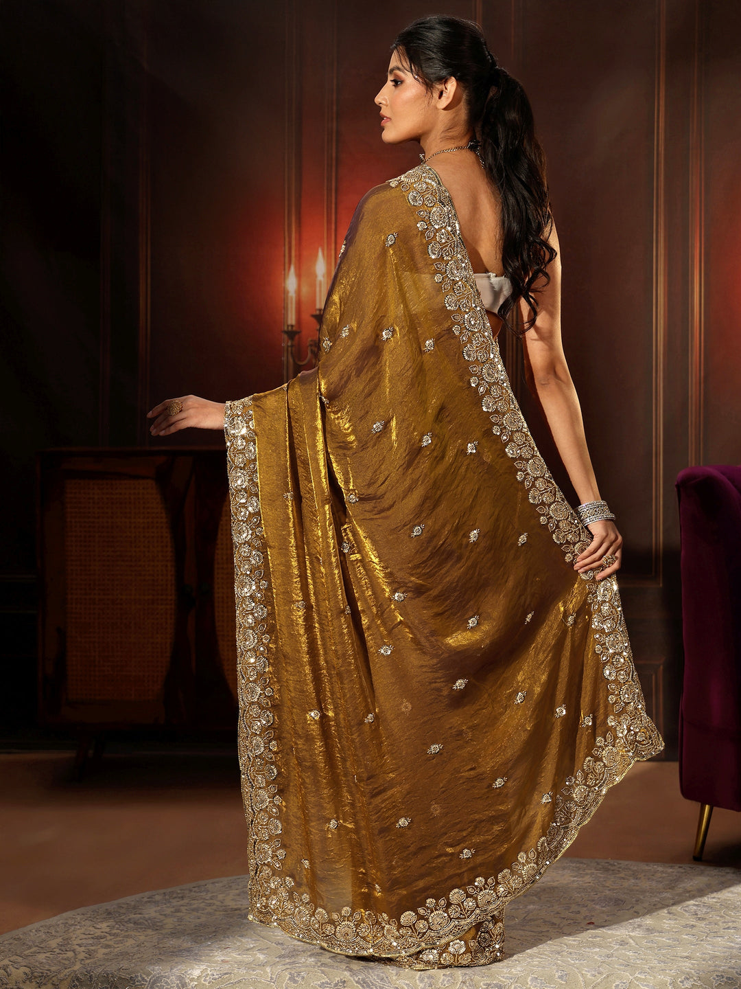  Libas Art Mustard Tissue Saree with Sequin Embellished Border 