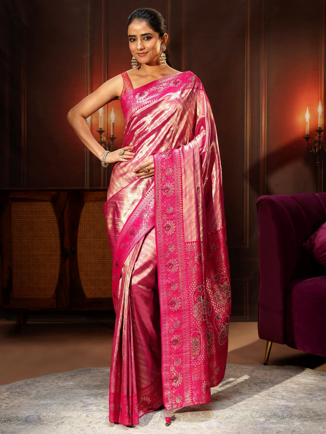  Libas Pink Banarasi Silk Blend Saree with Embellished Pallu 