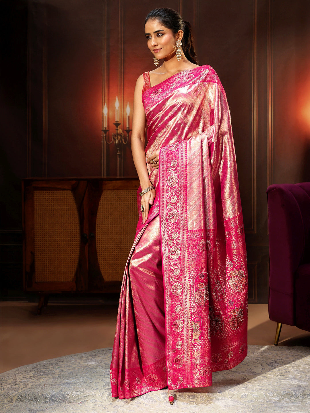  Libas Pink Banarasi Silk Blend Saree with Embellished Pallu 