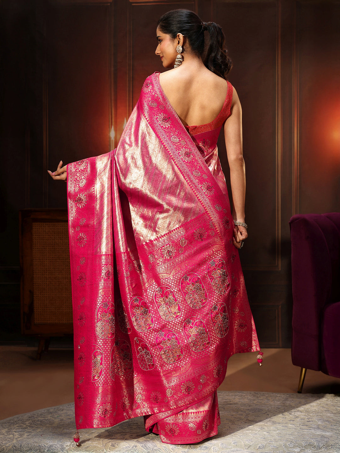  Libas Pink Banarasi Silk Blend Saree with Embellished Pallu 