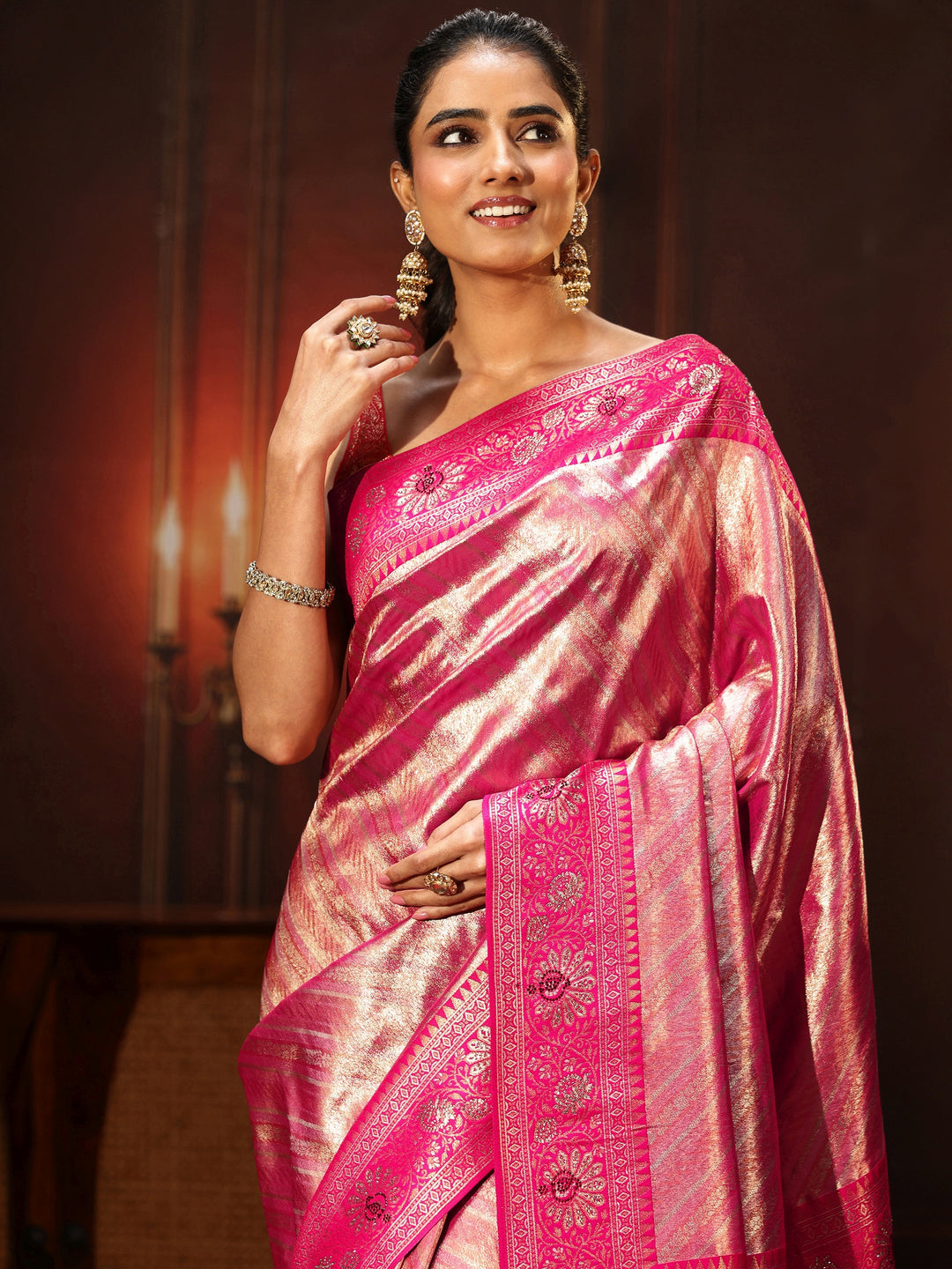  Libas Pink Banarasi Silk Blend Saree with Embellished Pallu 