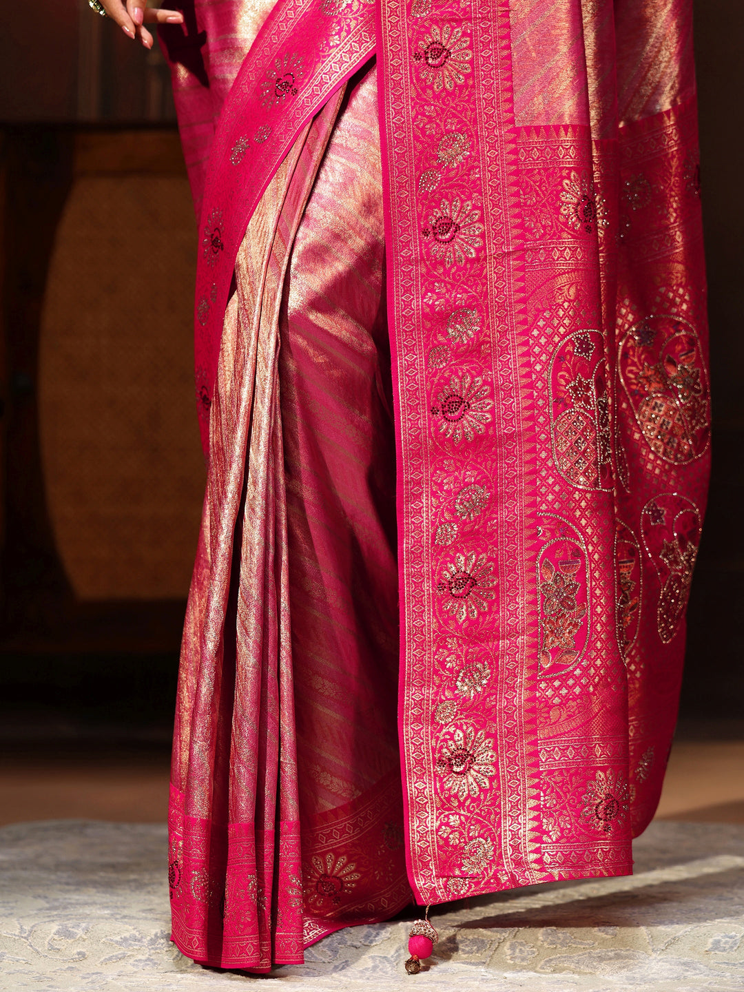  Libas Pink Banarasi Silk Blend Saree with Embellished Pallu 