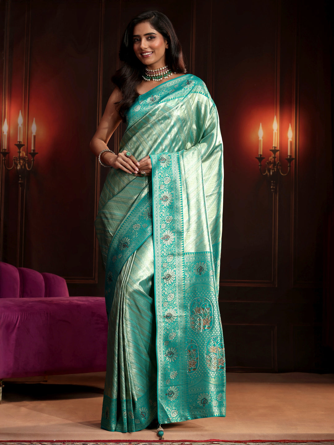  Libas Sea Green Woven Design Silk Blend Saree 