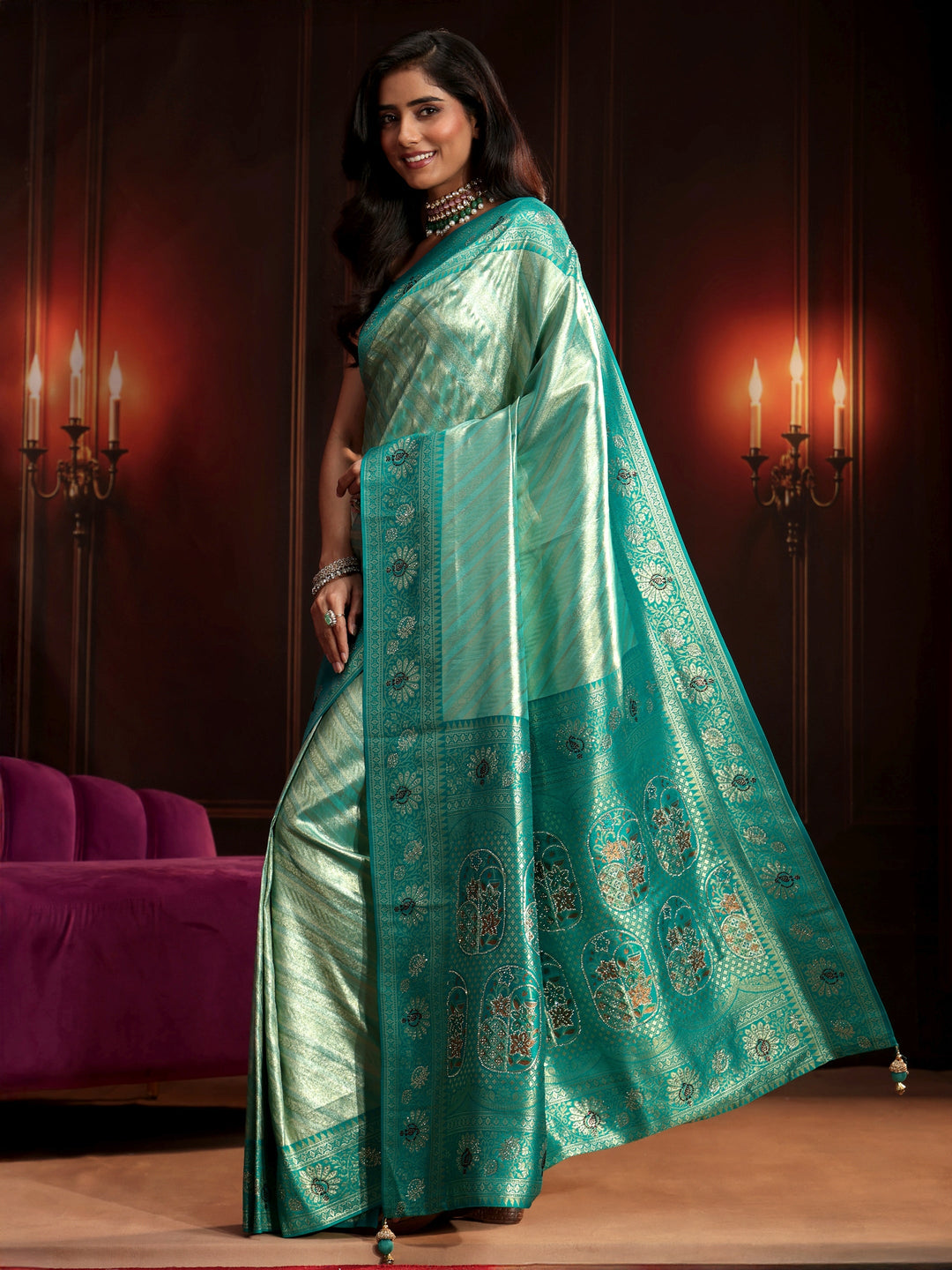  Libas Sea Green Woven Design Silk Blend Saree 
