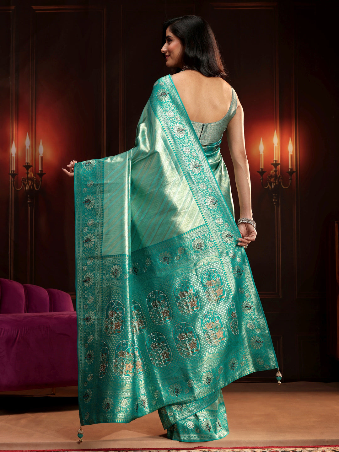  Libas Sea Green Woven Design Silk Blend Saree 