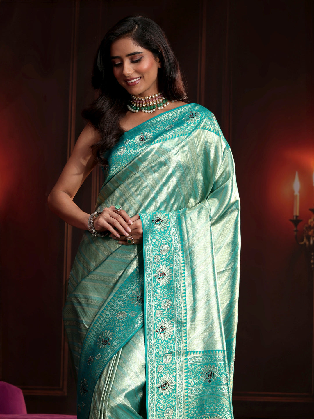  Libas Sea Green Woven Design Silk Blend Saree 