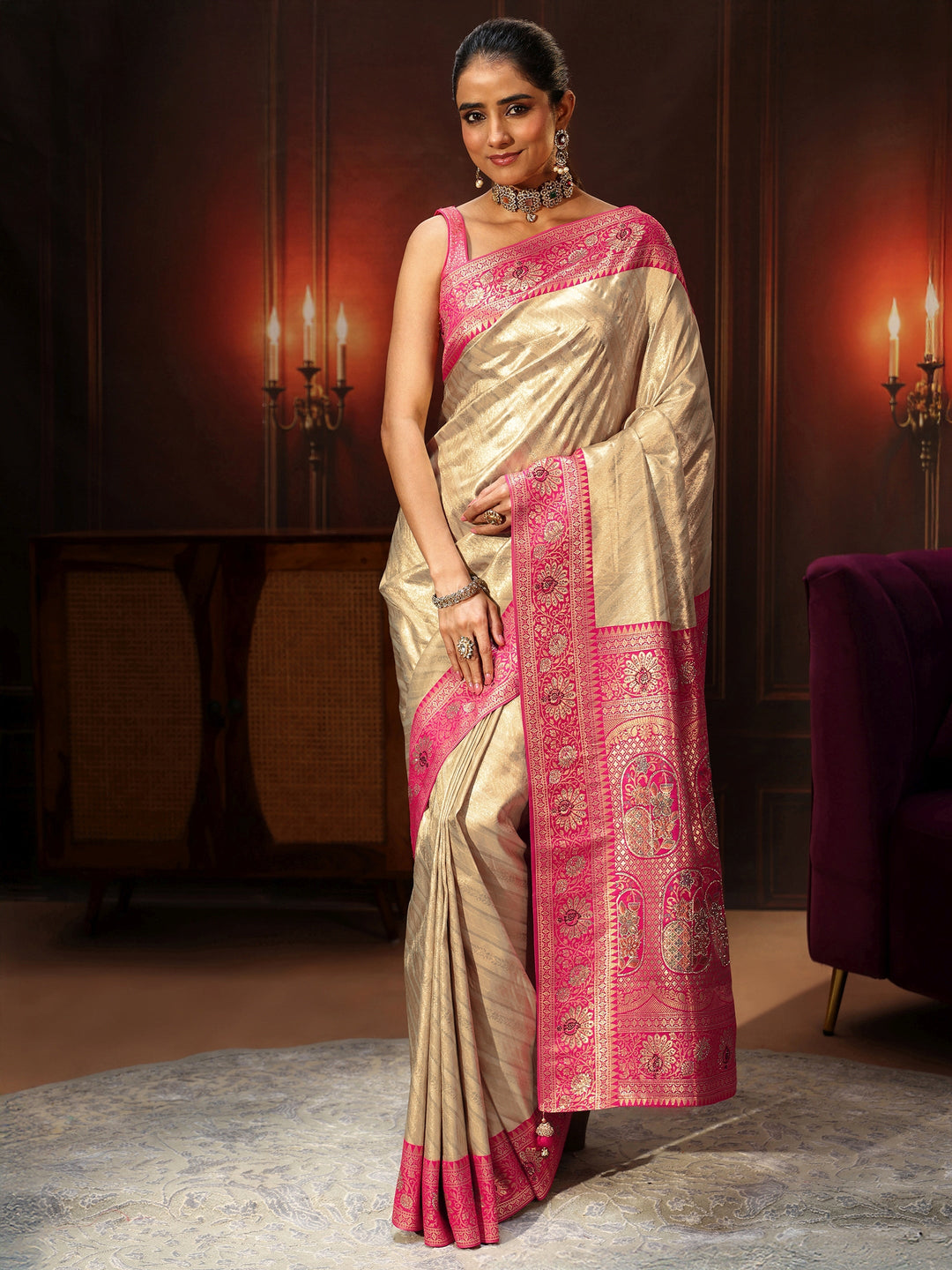  Libas Golden Banarasi Silk Blend Saree with Embellished Pallu 