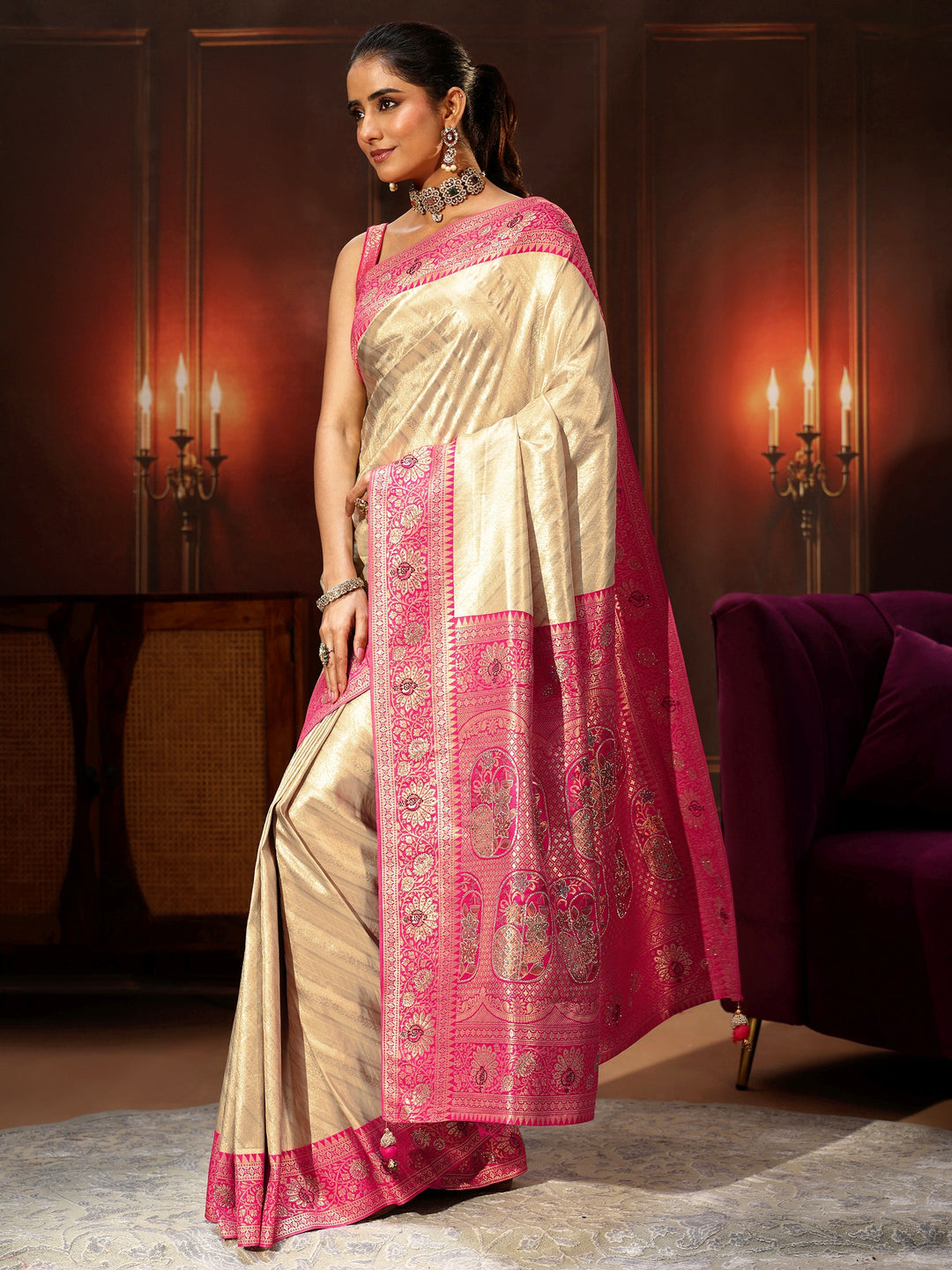  Libas Golden Banarasi Silk Blend Saree with Embellished Pallu 