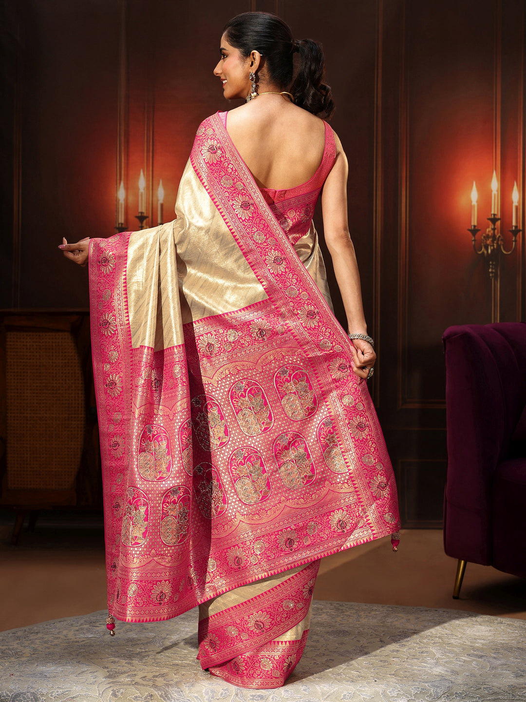  Libas Golden Banarasi Silk Blend Saree with Embellished Pallu 
