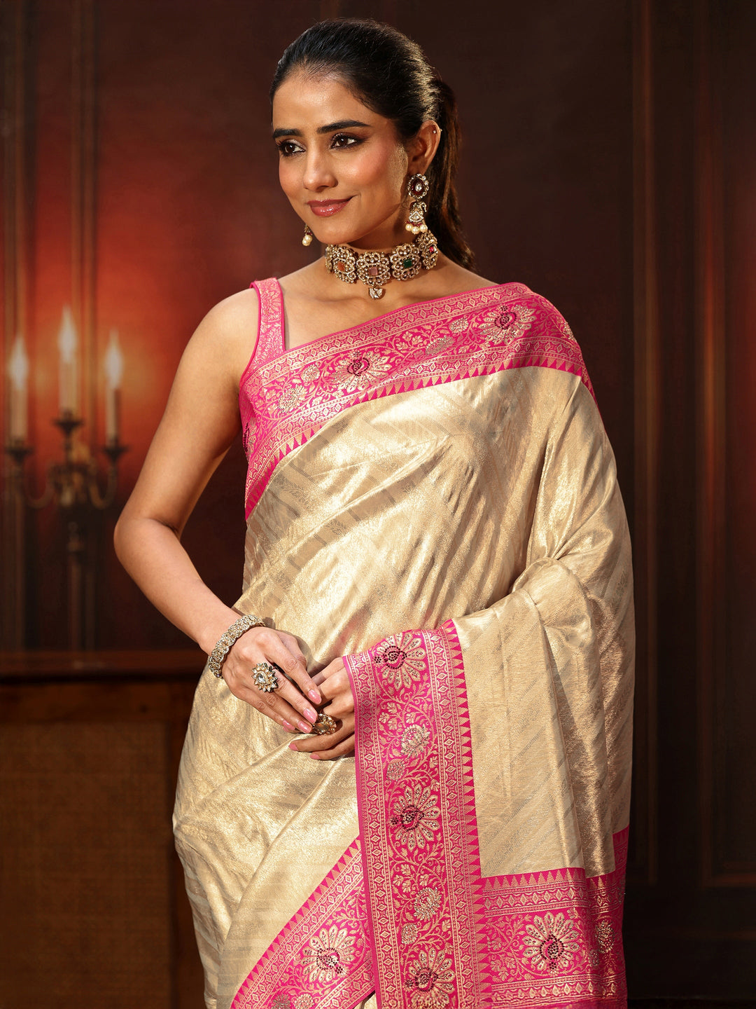  Libas Golden Banarasi Silk Blend Saree with Embellished Pallu 
