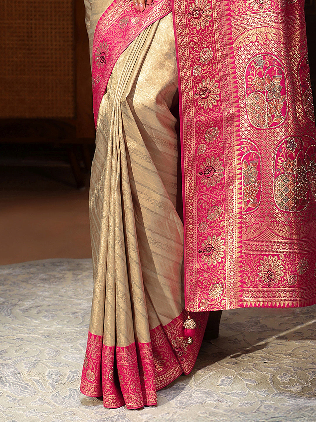  Libas Golden Banarasi Silk Blend Saree with Embellished Pallu 