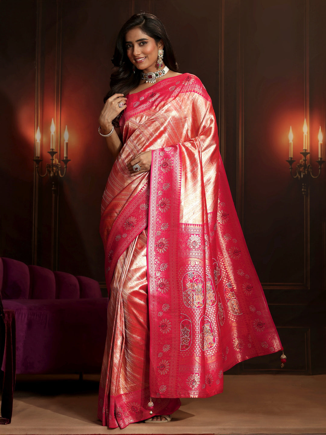  Libas Peach Pink Woven Design Silk Blend Saree 