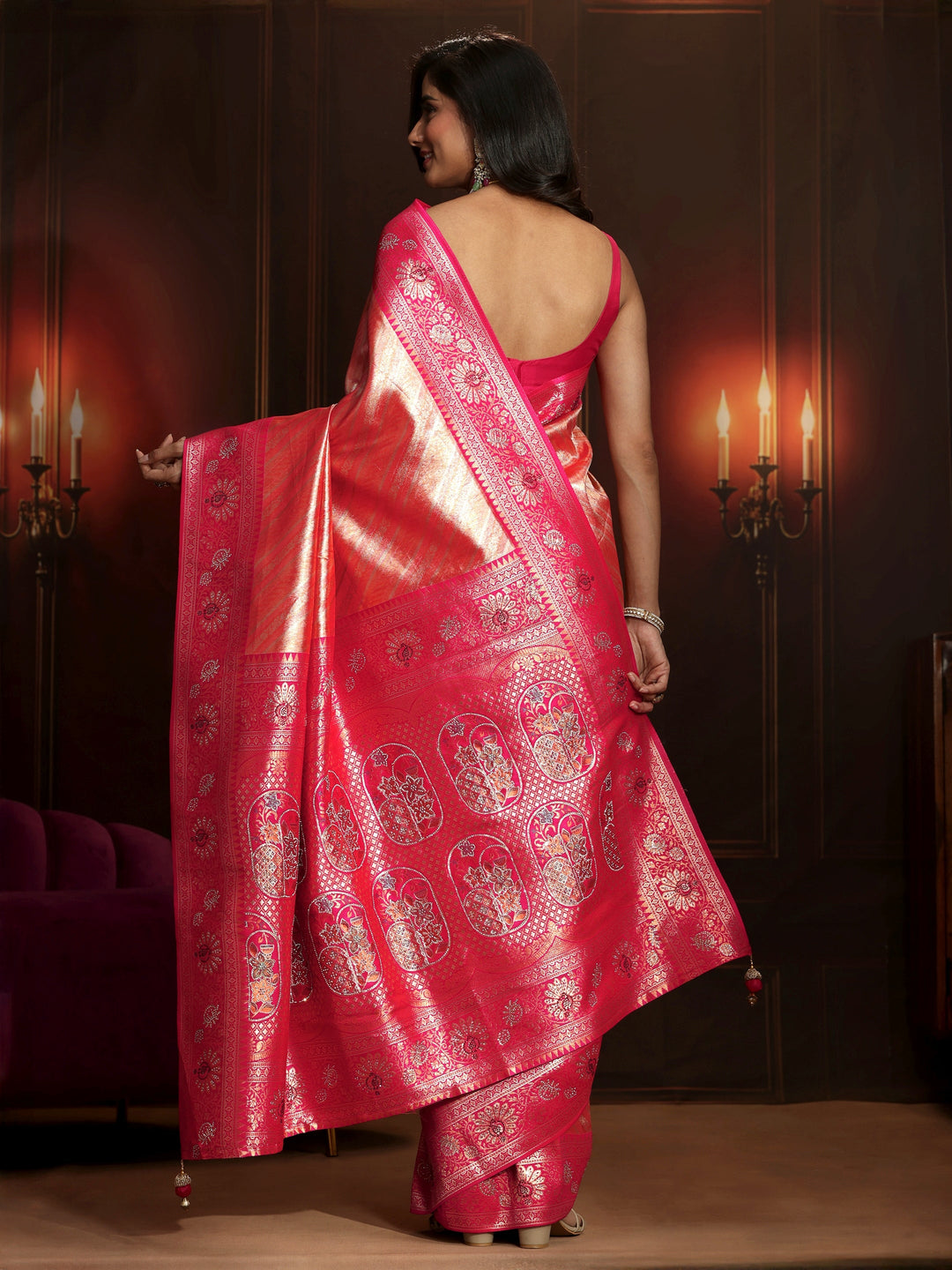  Libas Peach Pink Woven Design Silk Blend Saree 