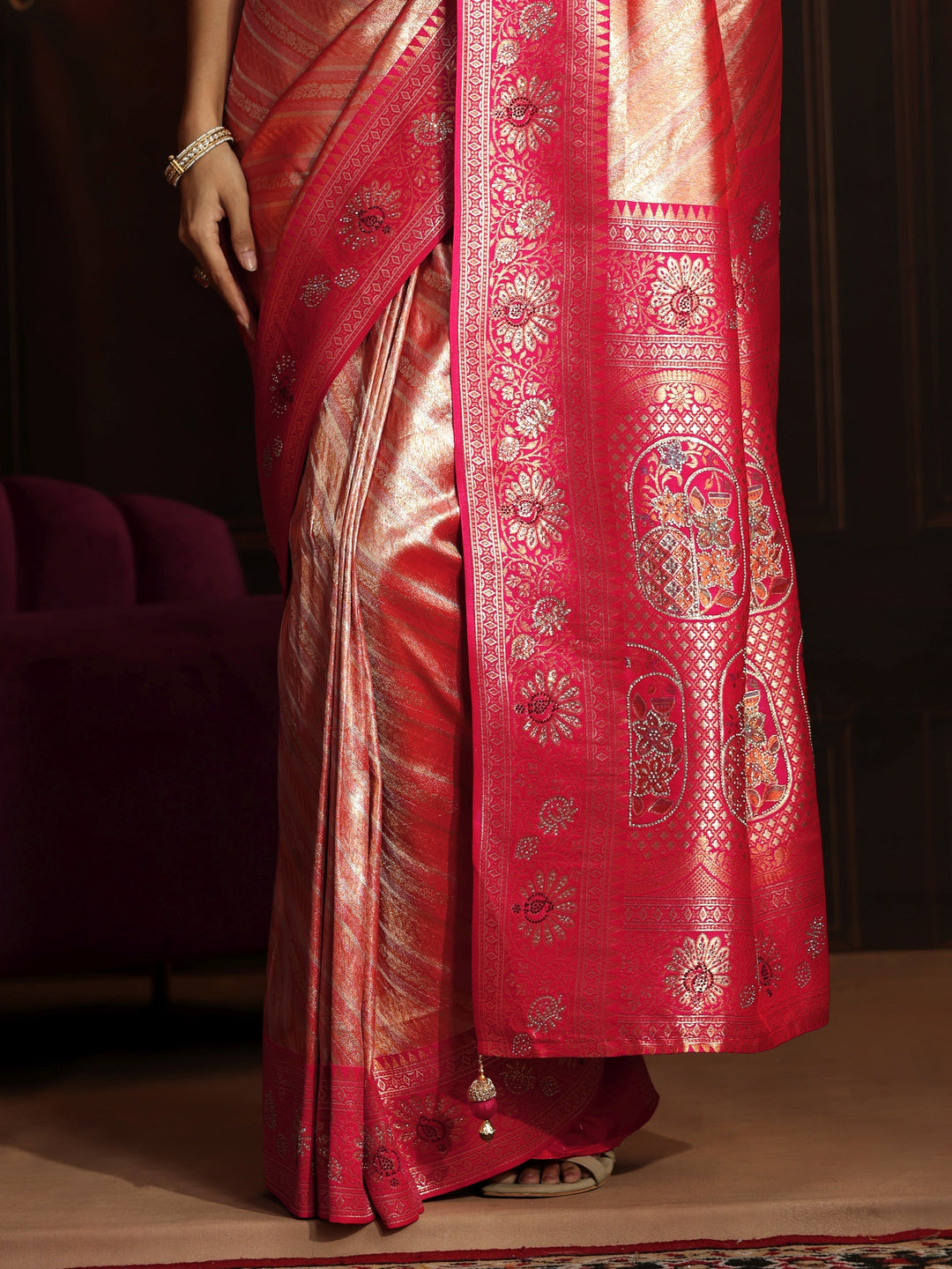  Libas Peach Pink Woven Design Silk Blend Saree 