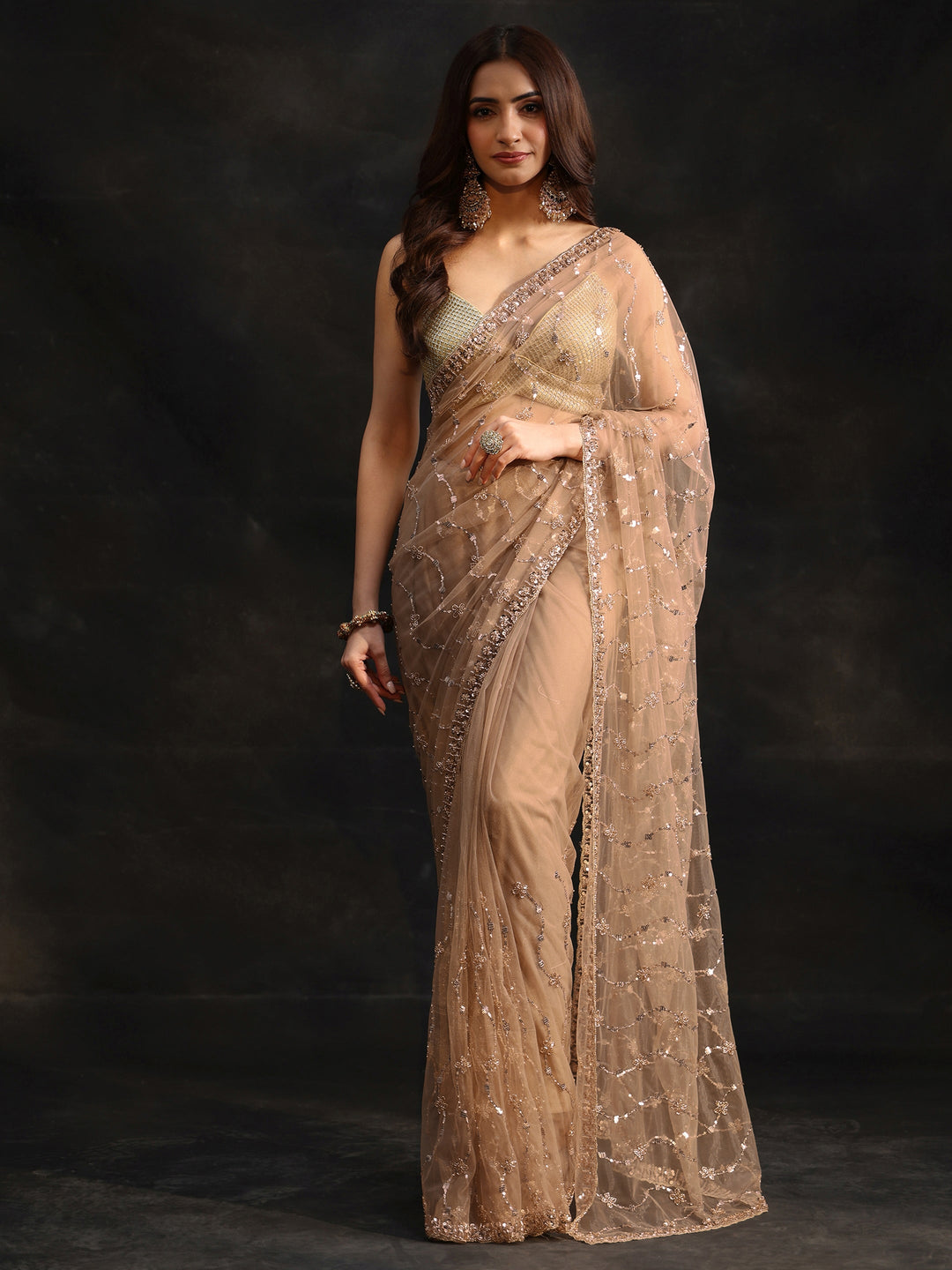  Libas Taupe Grey Embellished Wavy Pattern Net Saree 
