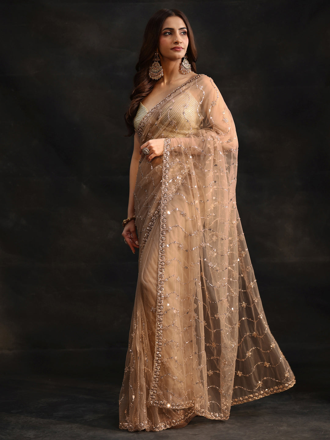  Libas Taupe Grey Embellished Wavy Pattern Net Saree 