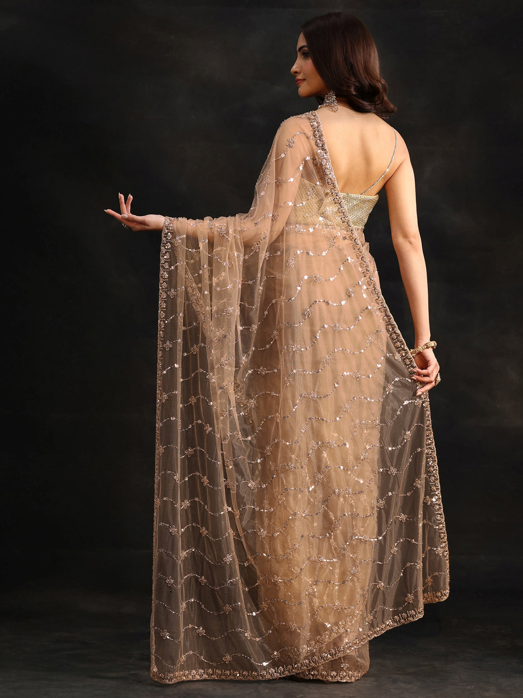  Libas Taupe Grey Embellished Wavy Pattern Net Saree 