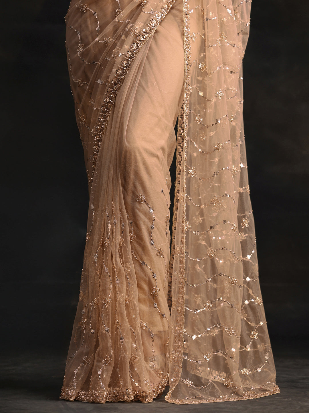  Libas Taupe Grey Embellished Wavy Pattern Net Saree 