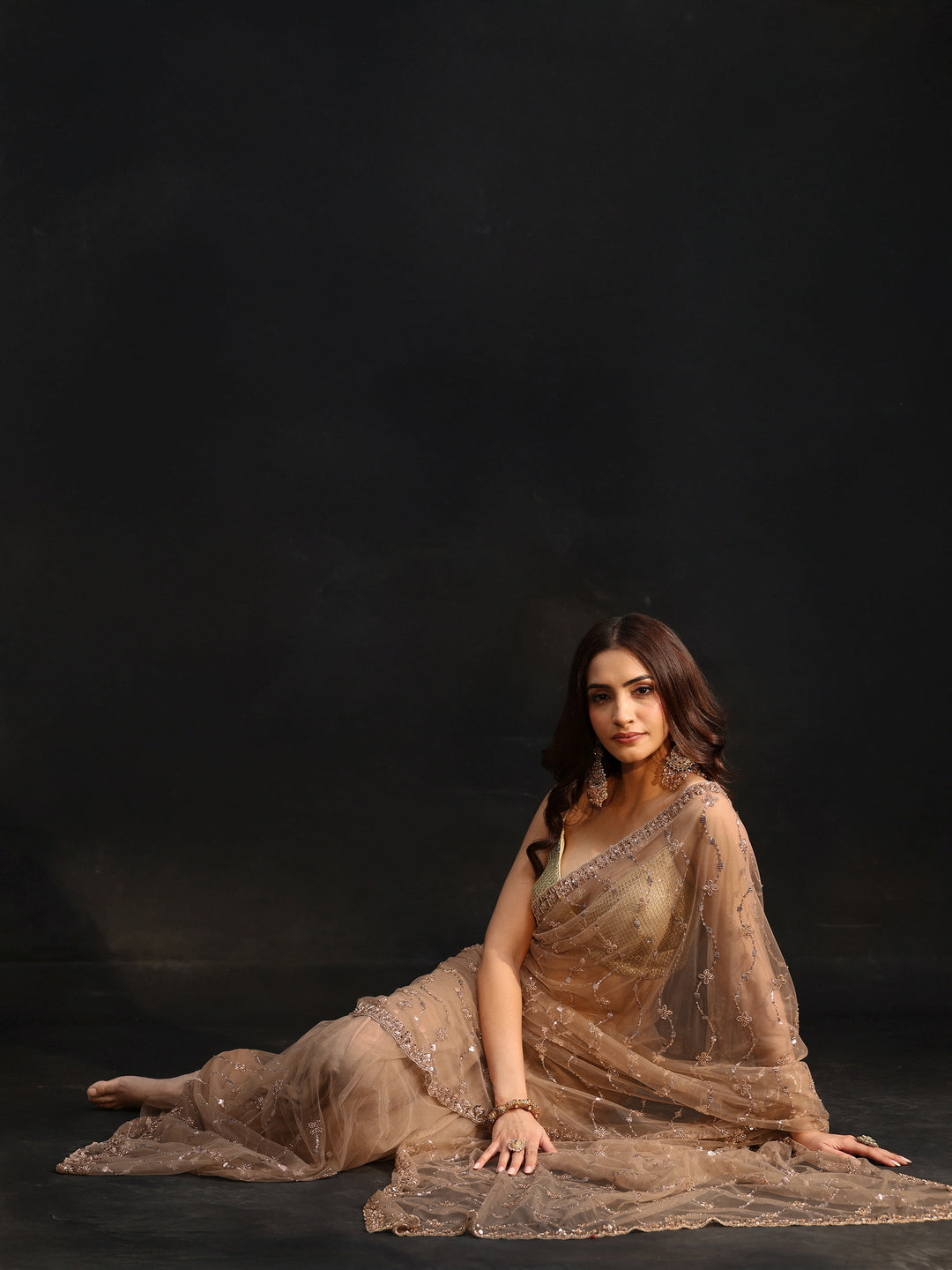  Libas Taupe Grey Embellished Wavy Pattern Net Saree 