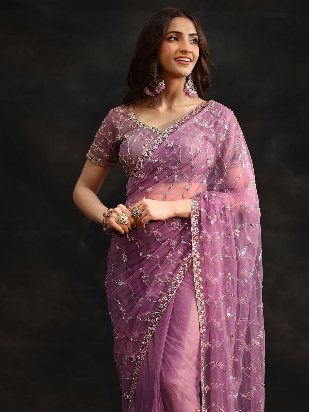  Libas Amethyst Purple Embellished Wavy Pattern Net Saree 