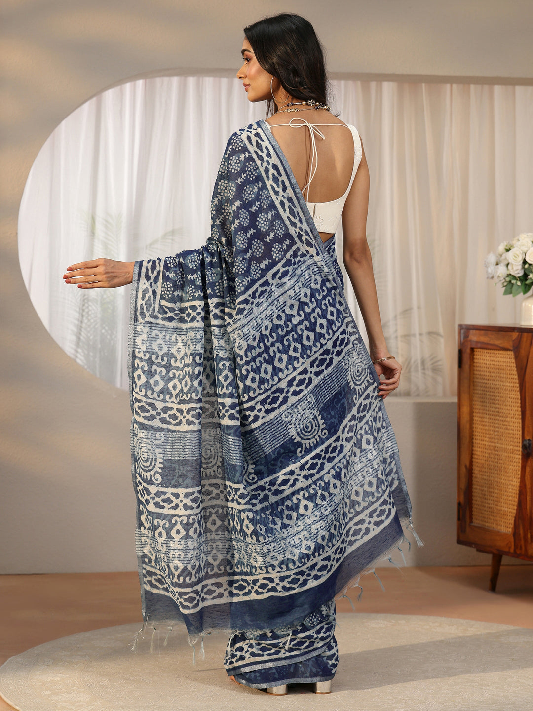  Libas Indigo Blue Dabu Print Cotton Saree 