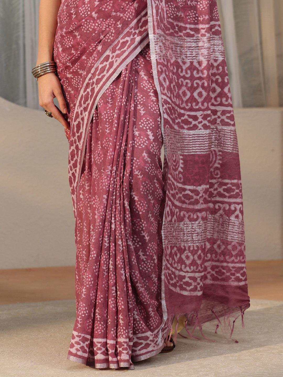  Libas Dusty Rose Pink Dabu Print Cotton Saree 